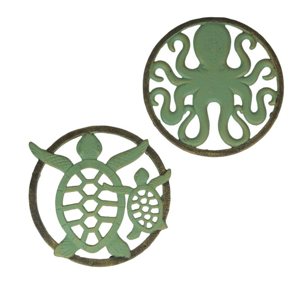 Cast Iron Trivet Set: Nautical Octopus & Sea Turtle Design, Verdigris Finish